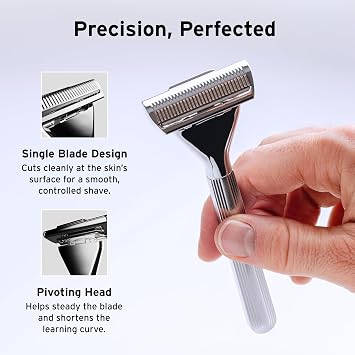 SUPPLY Single Edge Max Razor for Men Premium Metal Single-Blade Safety Razor with Pivoting Head for Fewer Cuts and Irritation Includes 8 Blades & Magnetic Reload System Jet Black