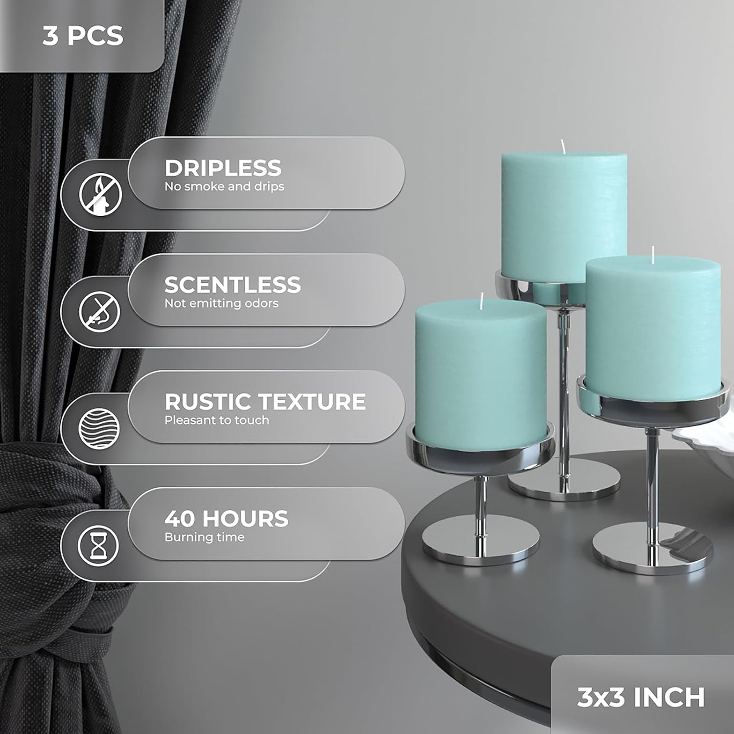 CANDWAX 3x3 Pillar Candles Set of 3 - Rustic Unscented No Drip Light Turquoise Candles for Home Decor, Weddings, Centerpieces - Image 3