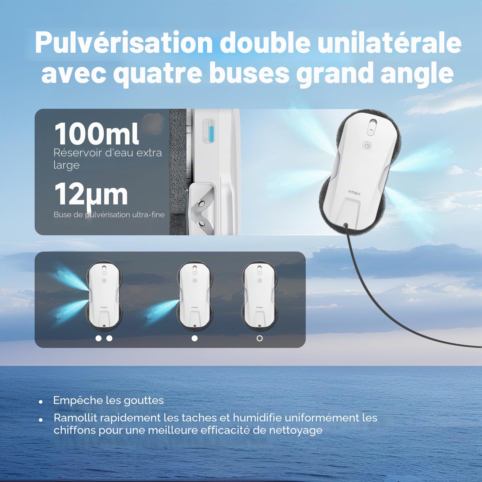Fmart T11 Robot nettoyeur de vitres avec 10 chiffons, système de pulvérisation automatique à quatre voies avec triple système de sécurité, navigation intelligente, télécommande, pour toutes les