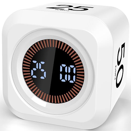 Pomodoro Timer Cube with Silicone Case 5/10/25/50 min, Vibrate&Sound Alarm | Visual Productivity Flip Timer for Kids Classroom Desk, Custom Countdown, Gravity Sensor, for ADHD Study Work Game Kitchen - White - Vibrate&Sound Mode