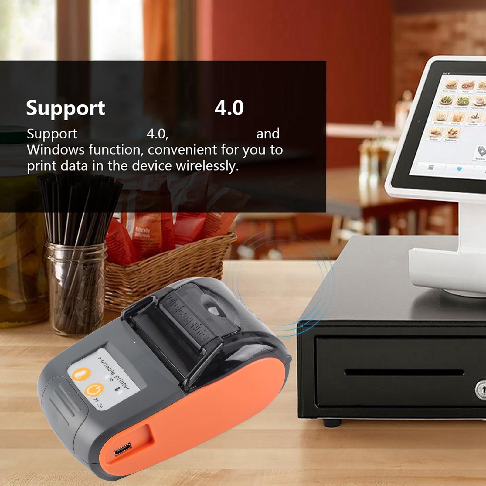 58 mm kabelloser Bluetooth-Thermo-Belegdrucker, Mini-tragbarer Rechnungs-Ticket, POS-Drucker, Hochgeschwindigkeits-, Smartphone-Steuerung für Android, iOS und Windows (Orange)