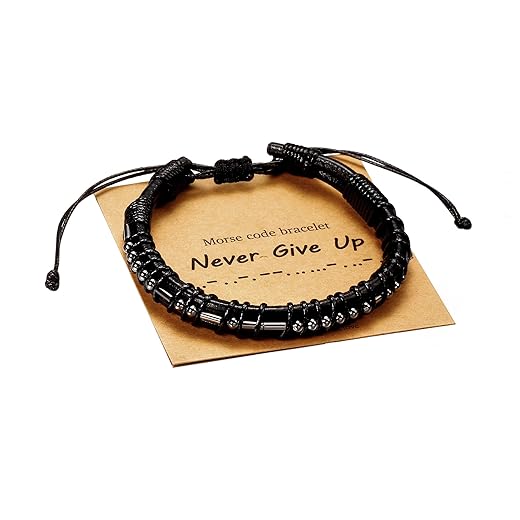 Bracelets for Mens Gifts, Black Leather Bracelets Gifts for Him Never Give Up Morse Code Bracelets for Mens Jewelry Inspirational Birthday Fathers Day Christmas Gifts for Dad Boyfriend Coworkers Son