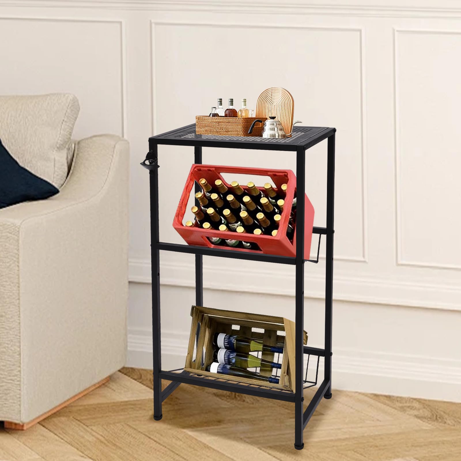 YITAHOME Scaffale per casse di bevande con ruote, 3 scatole, piedini regolabili, apertura, in metallo, con 3 livelli, per birra, frutta, verdura