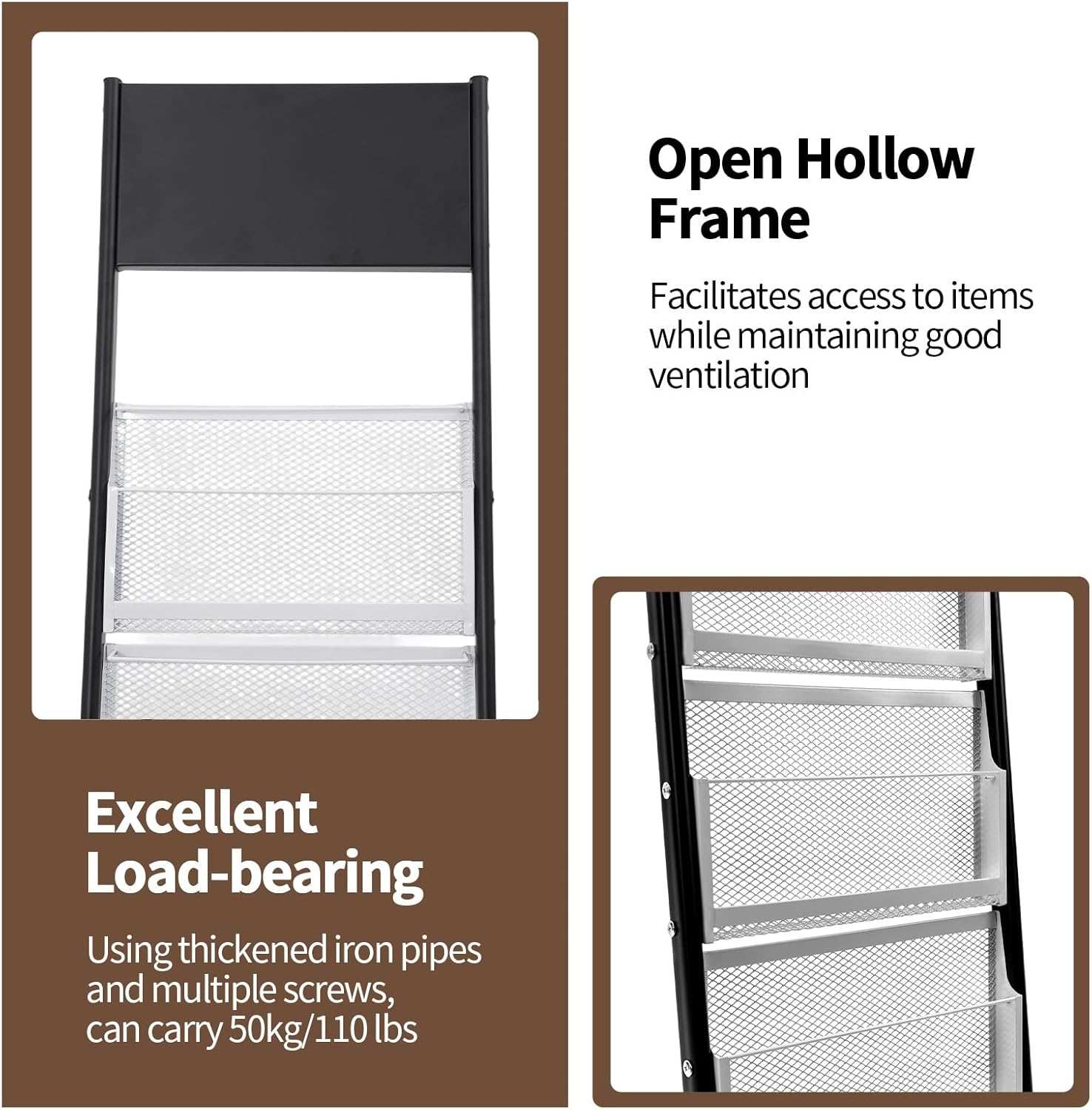 6 Tiers Floor standing Magazine Holder Iron Brochure Display Stand with Wheels and Mesh Storage Basket Literature Rack Shelf for Home Offices Exhibitions Libraries Conference Rooms