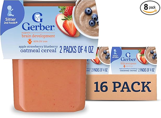 Gerber Baby Food 2nd Foods, Mixed Cereal, Apple, Strawberry & Blueberry with Mixed Cereal Puree, 4 Ounce Tubs, 2-Pack (Pack of 8)