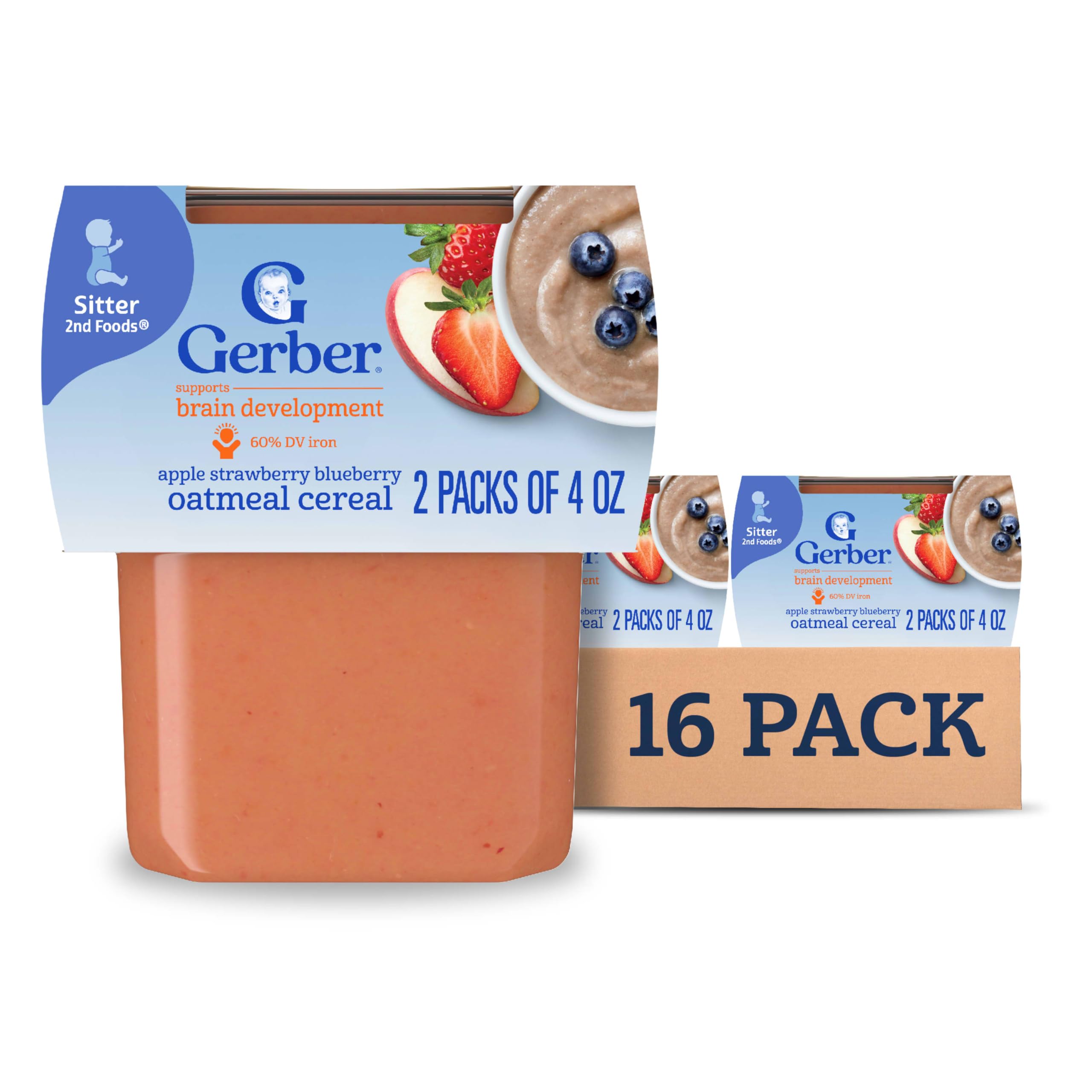 Alimento para bebés Gerber 2nd Foods, cereales mixtos de manzana, fresa y arándanos con puré de cereales mixtos, envases de 4 onzas, paquete de 2, paquete de 8