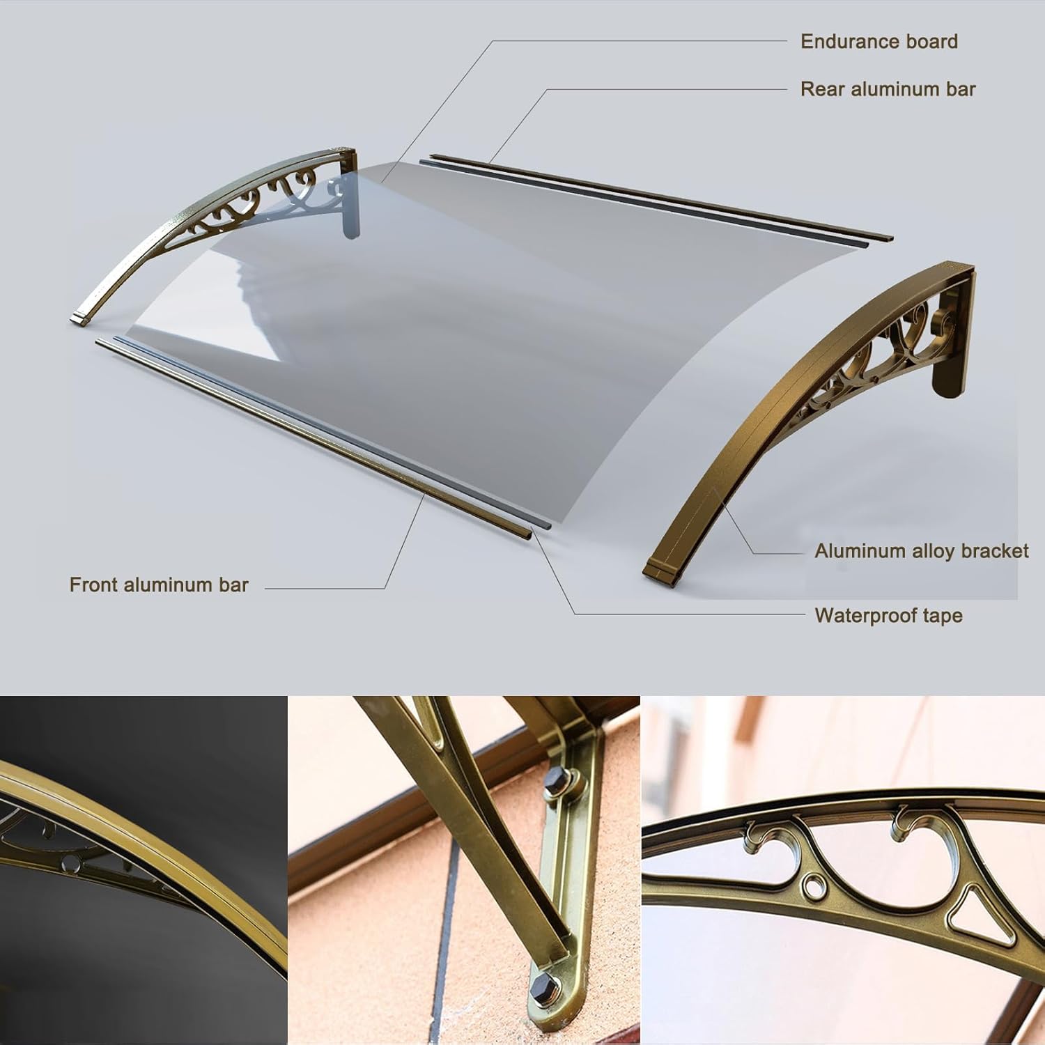 Curved Door Window Awning Canopy,Transparent Front Door Canopy,Window Rain Shelter Cover,Outdoor Door Awning,PC Porch Awning Shelter,Patio Roofing Canopies,Aluminum Frame (80x460cm/32 x181)