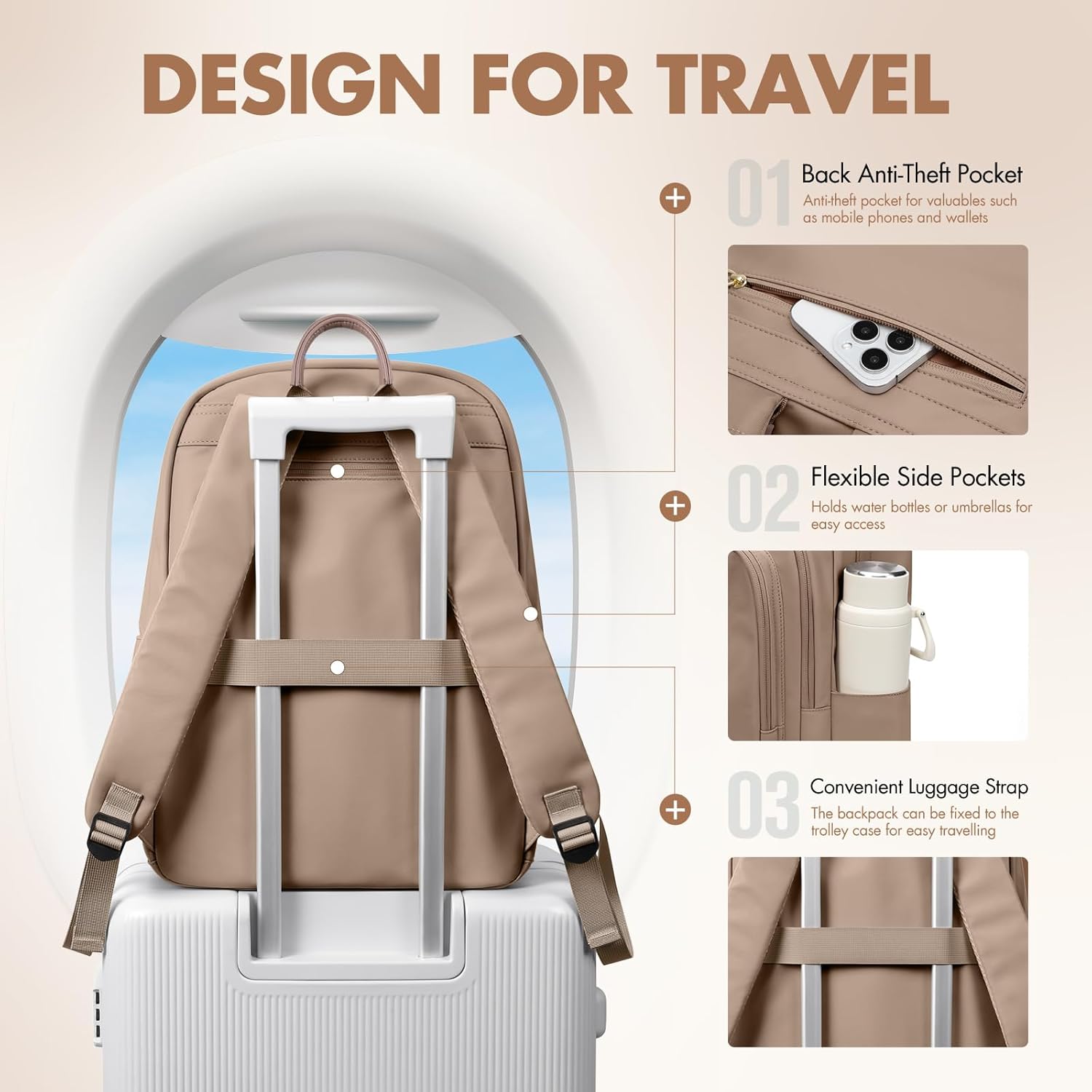 GOLF SUPAGS Backpack for Women Work College Travel Laptop Backpacks Multi-Functional Casual Daypack Teacher Nurse Everyday Bags Fits 15.6 Inch Notebook (Champagne) - Image 6