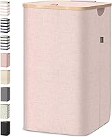 Vista 31 de BALEINE Cesta de lavandería con tapa, cestas altas para la ropa sucia con asas de bambú, contenedor grande para la ropa sucia con soporte interno