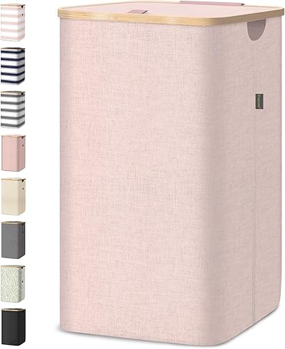 Vista 31 de BALEINE Cesta de lavandería con tapa, cestas altas para la ropa sucia con asas de bambú, contenedor grande para la ropa sucia con soporte interno