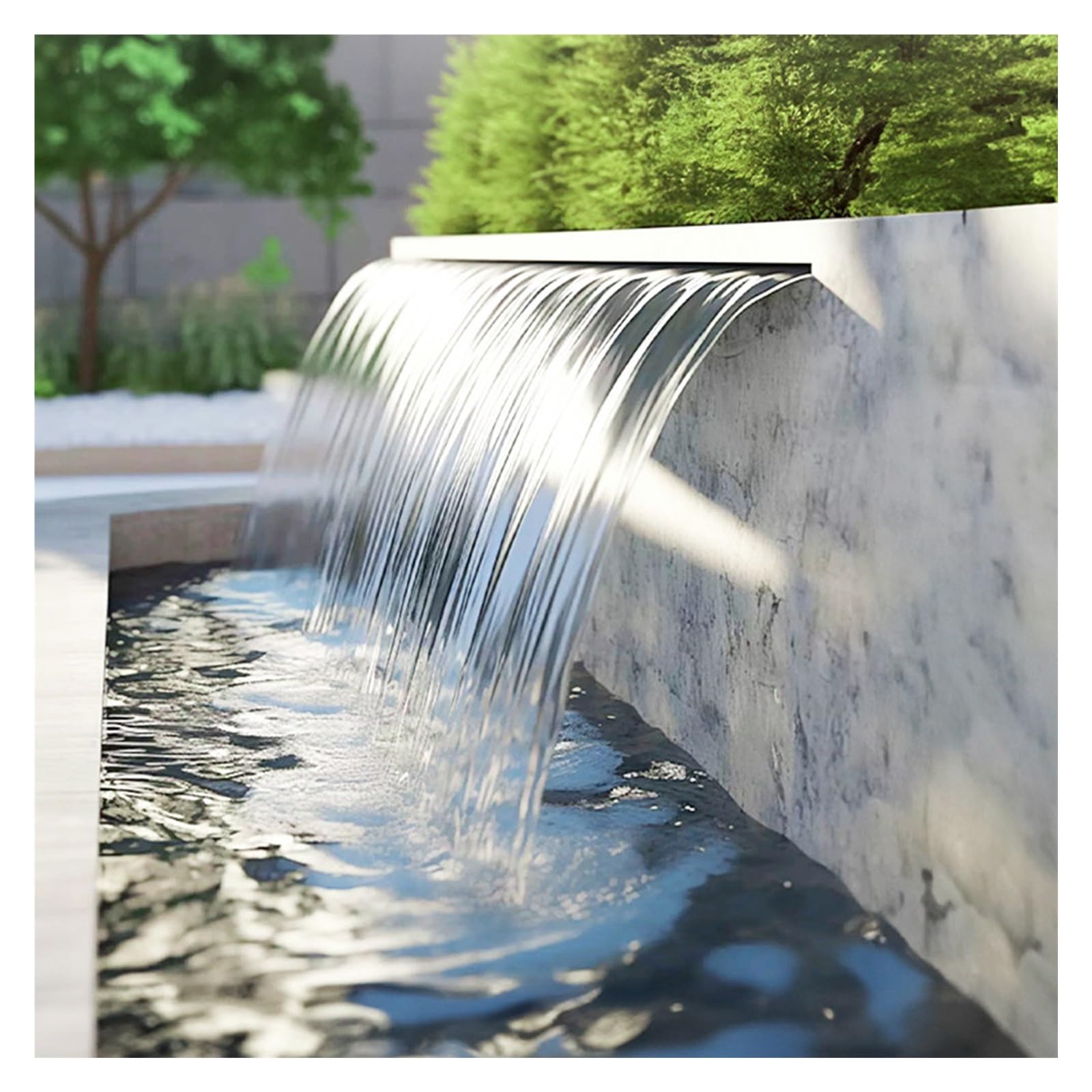 Bec cascade en acier inoxydable avec connecteur en PVC et ruban d'étanchéité, montage intégré pour bassin extérieur