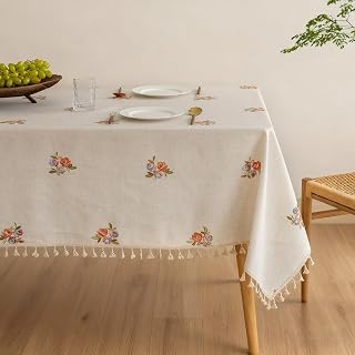 Meikelor Cream Linen Tablecloth 60x84 Inch Embroidered Floral Pattern with Tassels - Vintage Farmhouse Heavy Duty Table Cover