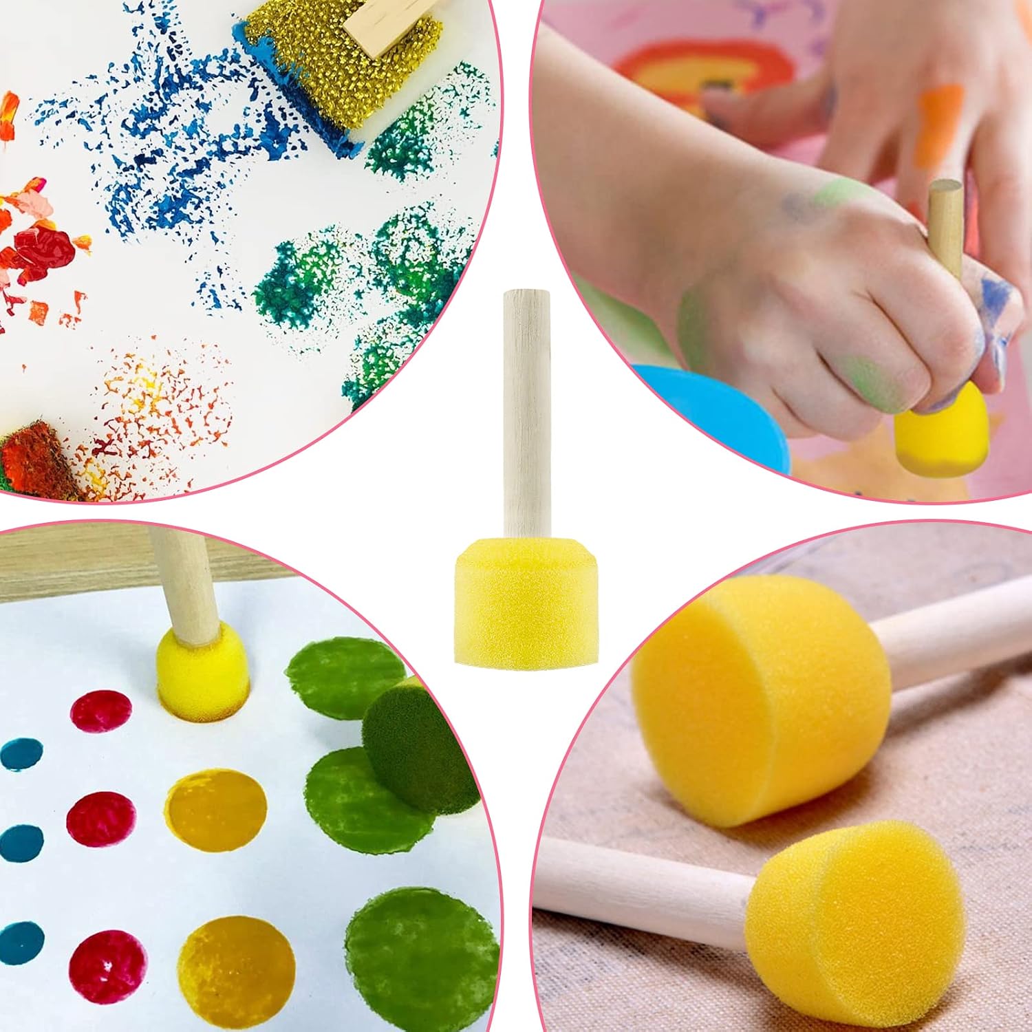 50 Pcs Yellow Round Sponges Brush Set, 2cm/0.8 Inch Dia Round Paint Foam Sponge Brush Set, Wooden Handle Painting Tools Sponge Stippler Set for DIY Painting Crafts (0.8Inch)