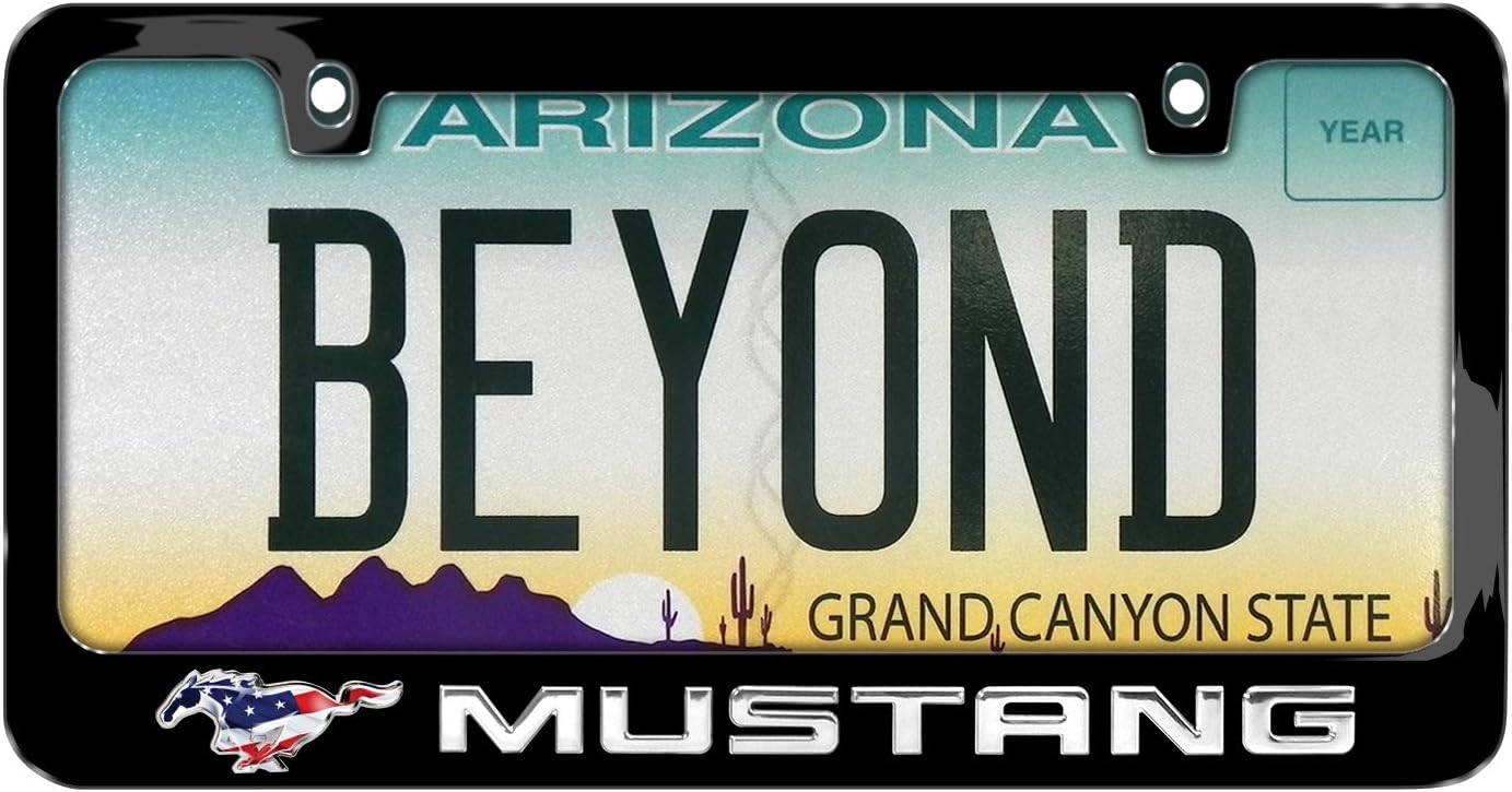 iPick Image for - Ford Mustang Pony USA Flag 3D Chrome Name Emblem Black Metal License Plate Frame