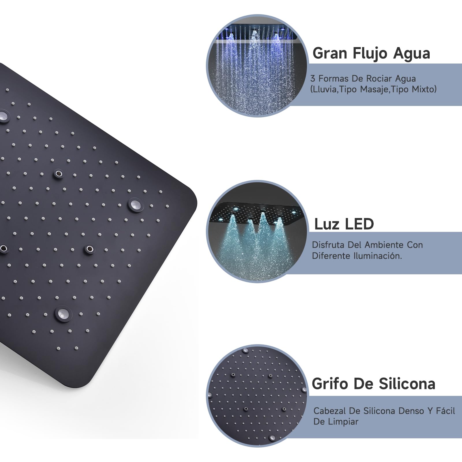 Columna Ducha,Sistema de ducha termostático de doble función,Rociador de ducha fijo de 500 x 500 mm (3 modos de chorro) y ducha de mano flexible (3 modos de chorro),Equipado con luz LED,Negro