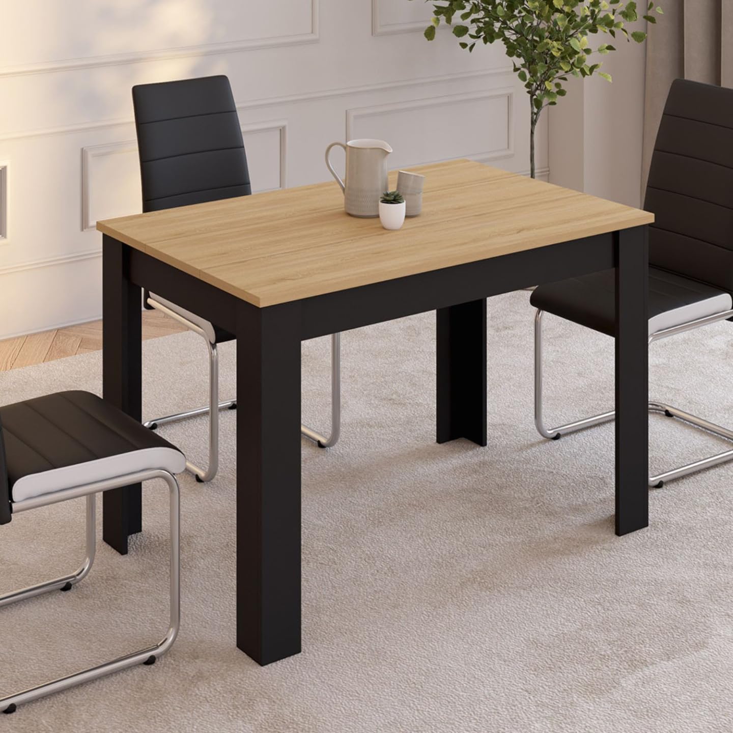IDMarket - Table à Manger Rectangle ROZY 6 Personnes Noire Plateau façon hêtre 110 cm