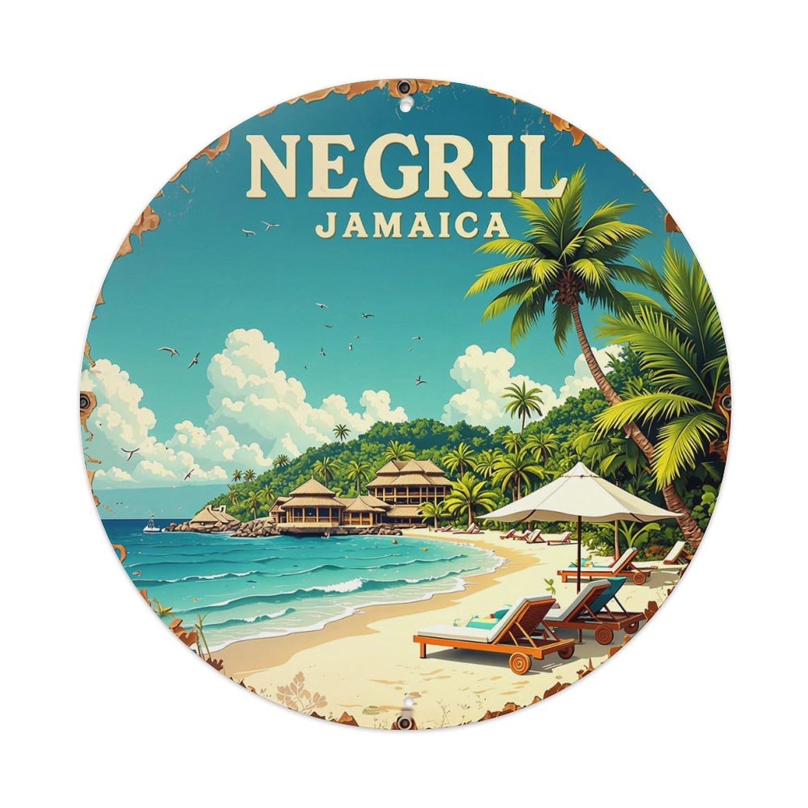 Tropical Beach Resort Scene Palm Trees Retro Metal Sign Round Tin Sign, Vintage Decor Art Poster for Bar, Home, Man Cave, Kitchen, Laundry Room Gift 8x8Inch