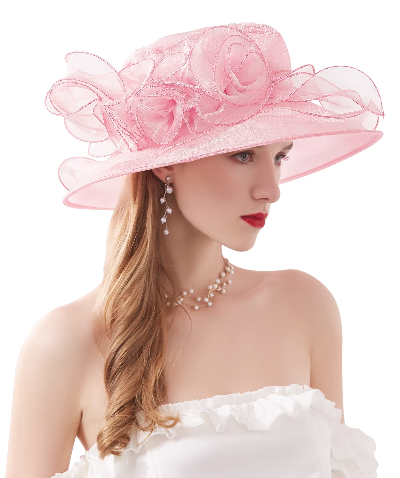 ELLYDOOR Women Derby Fascinator Hat Organza Church Wedding Hats Wide Brim Cocktail Tea Party Hat, 12 Elegant Pink, One Size