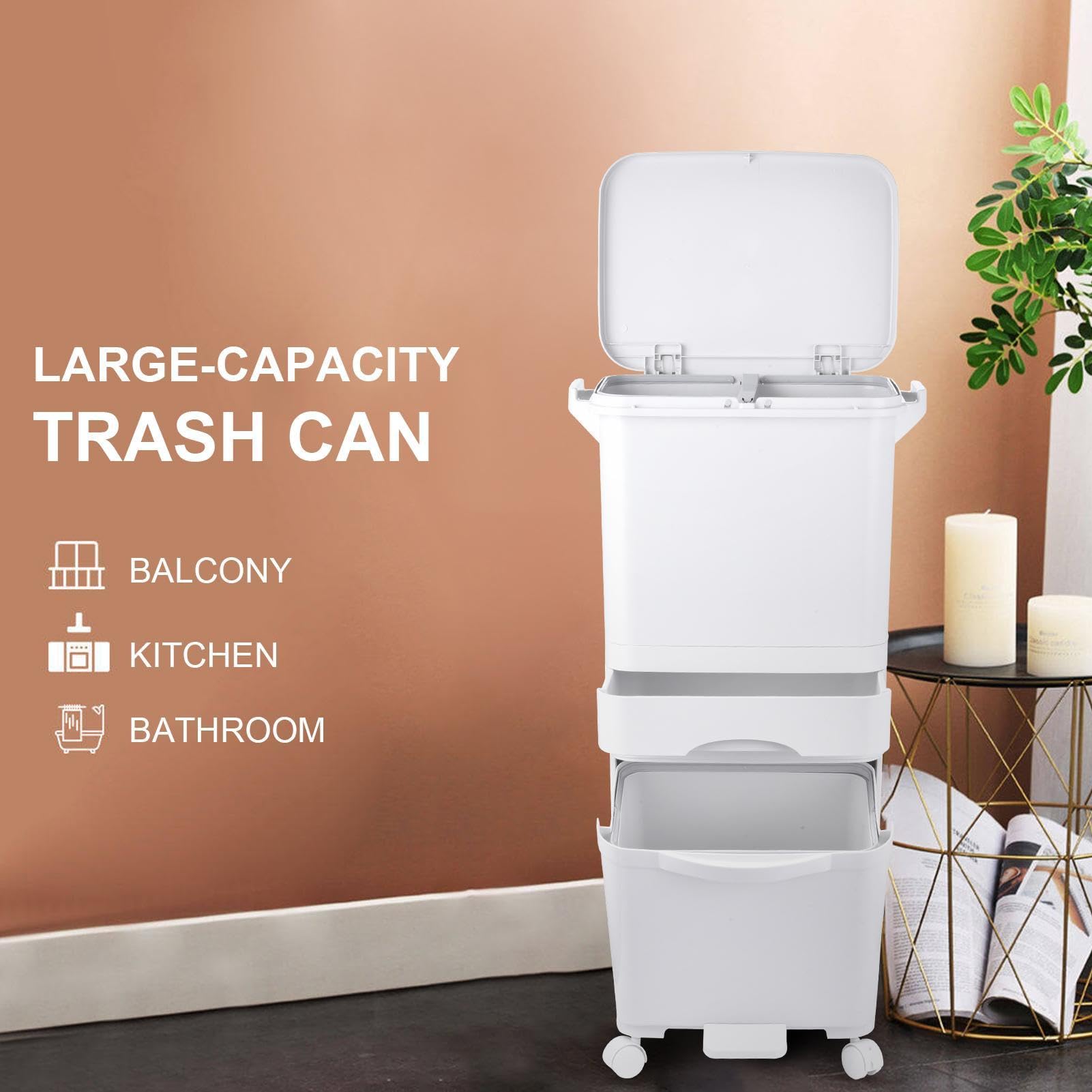 Küchenmülleimer 42-Liter-Drei-Ebenen Mülltrennung Mit Deckel Und Treteimer | Mehrschichtige Trocken-Nass-Trennung Fahrbarer Küchenmülleimer Fahrbar,ABS Abfalleimer 360° Rollen Und Für Küche Und Haushalt