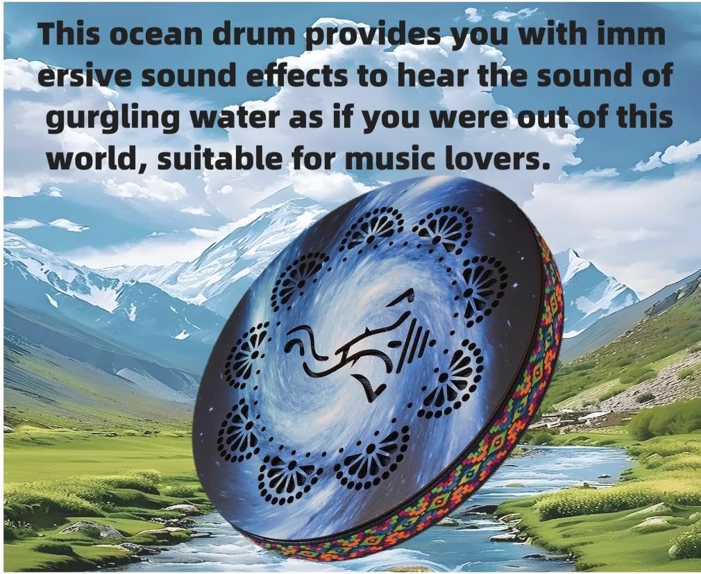 Handmade wooden ocean drum, ethnic percussion instrument, painted drum pattern, birch wood braided rim, home party supplies, onomatopoeic music Meditation performance accompaniment gifts. (10 inches)