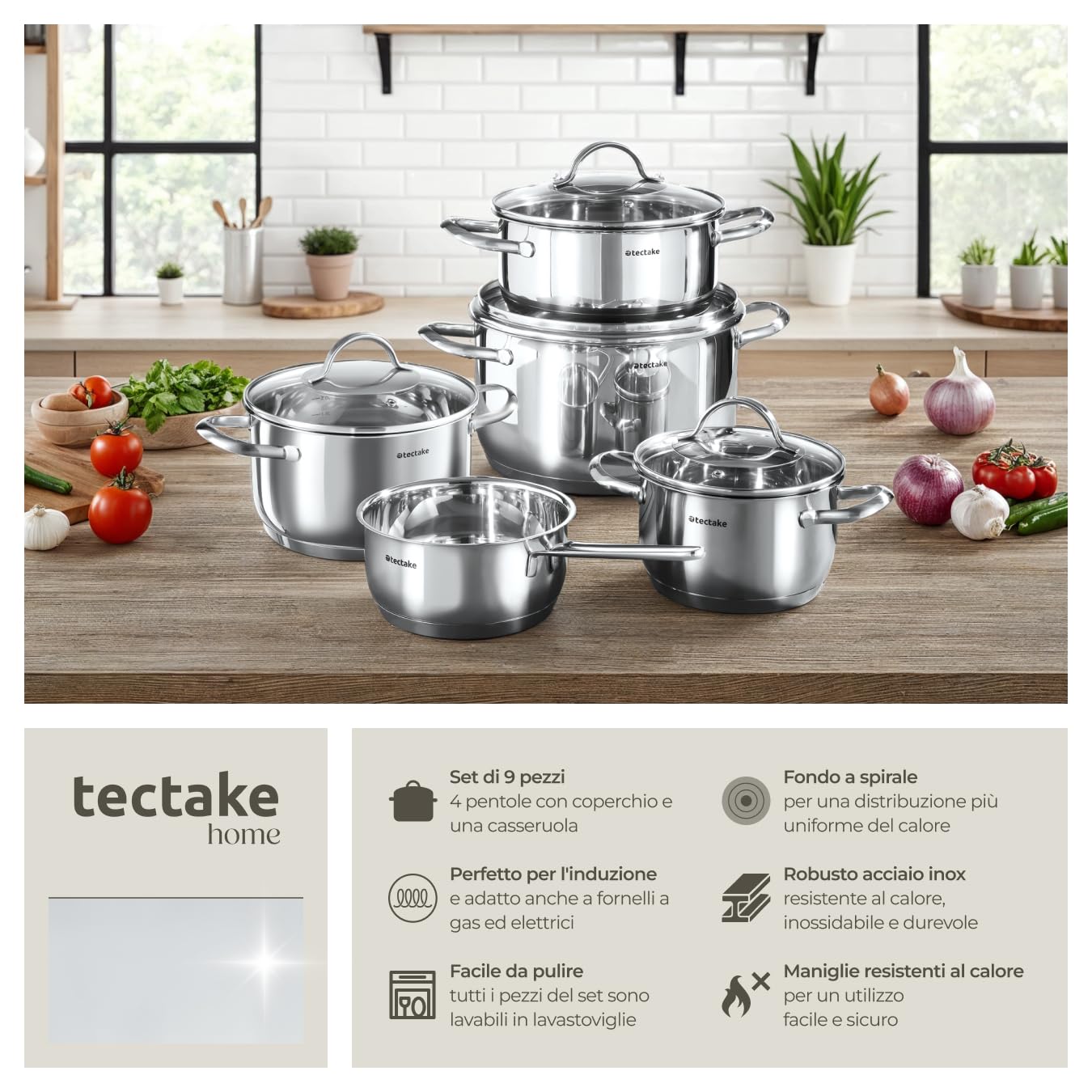 tectake® Set di Pentole, 9 Pezzi, Acciaio Inossidabile di Alta Qualità, Adatto a Induzione, Gas, Elettrico, 4 Pentole con Coperchio e Casseruola con Manico, Lavabili in Lavastoviglie