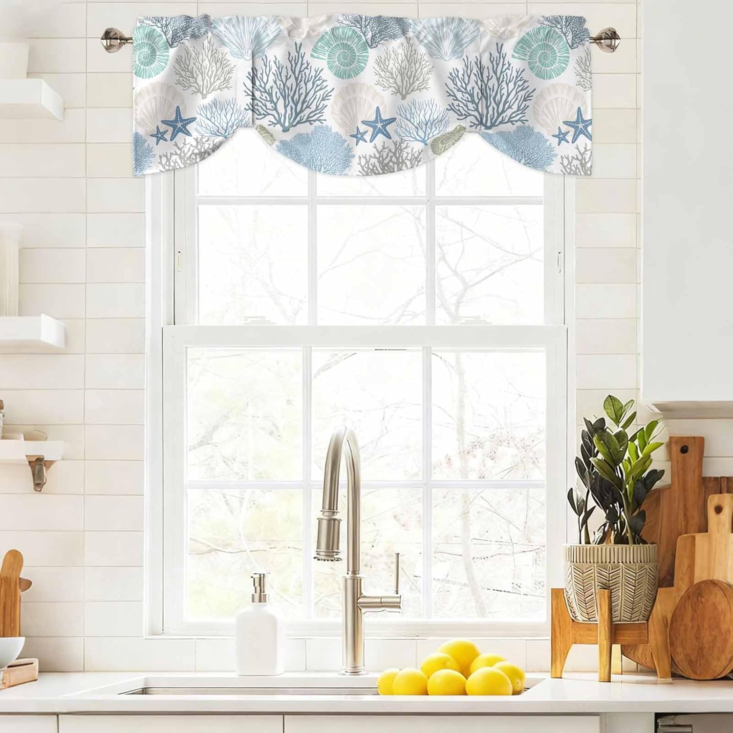 Tie Up Valance for Windows Nautical Coastal Ocean Coral Curtains Valances Rod Pocket Valance Window Treatments Beach Themed Blue Teal Balloon Curtains for Kitchen Living Room Bedroom Bathroom 42x12