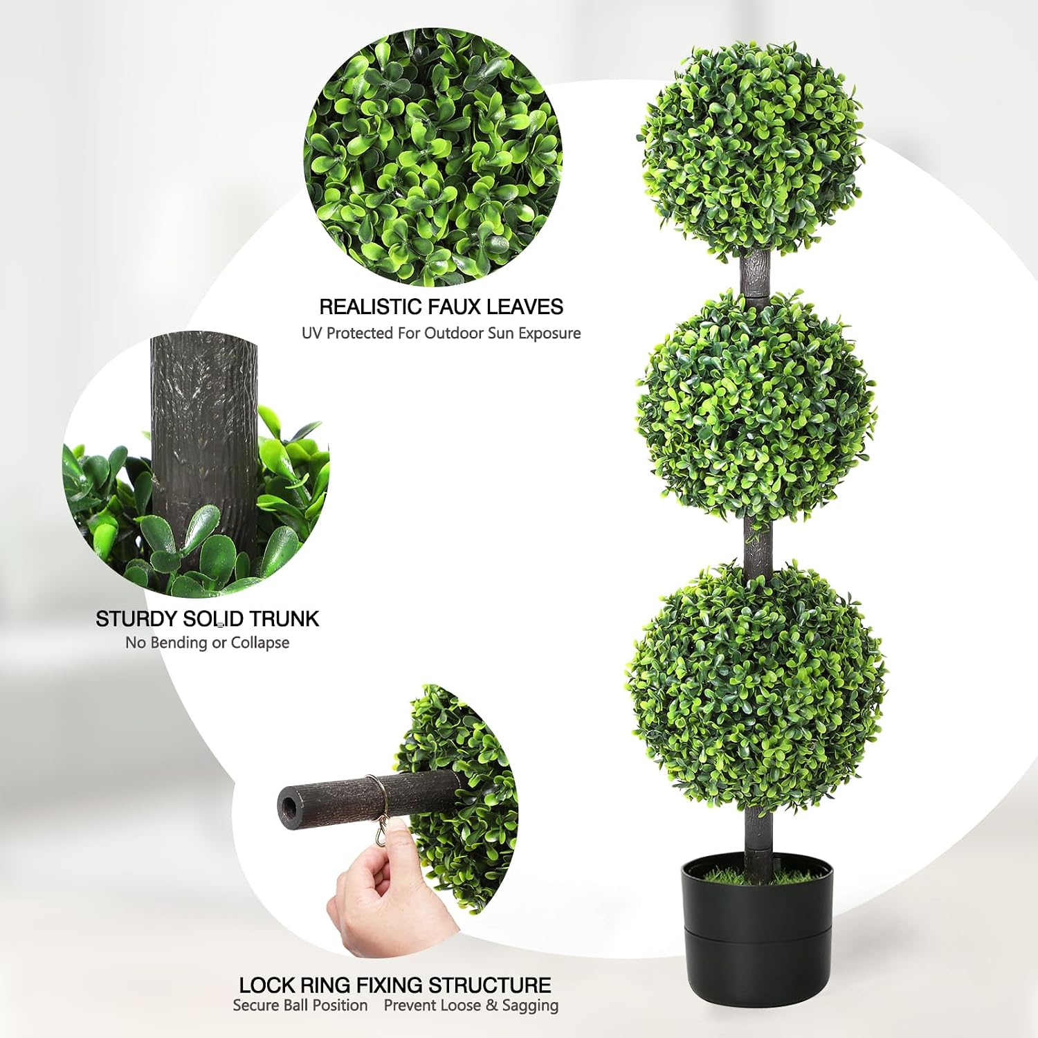Sunexinlo 3ft Artificial Triple Ball Boxwood Topiary Tree,Set of 2 UV Resistant Faux Topiary Plant,Realistic Faux Greenery for Outdoor & Indoor Home Patio Office Decor