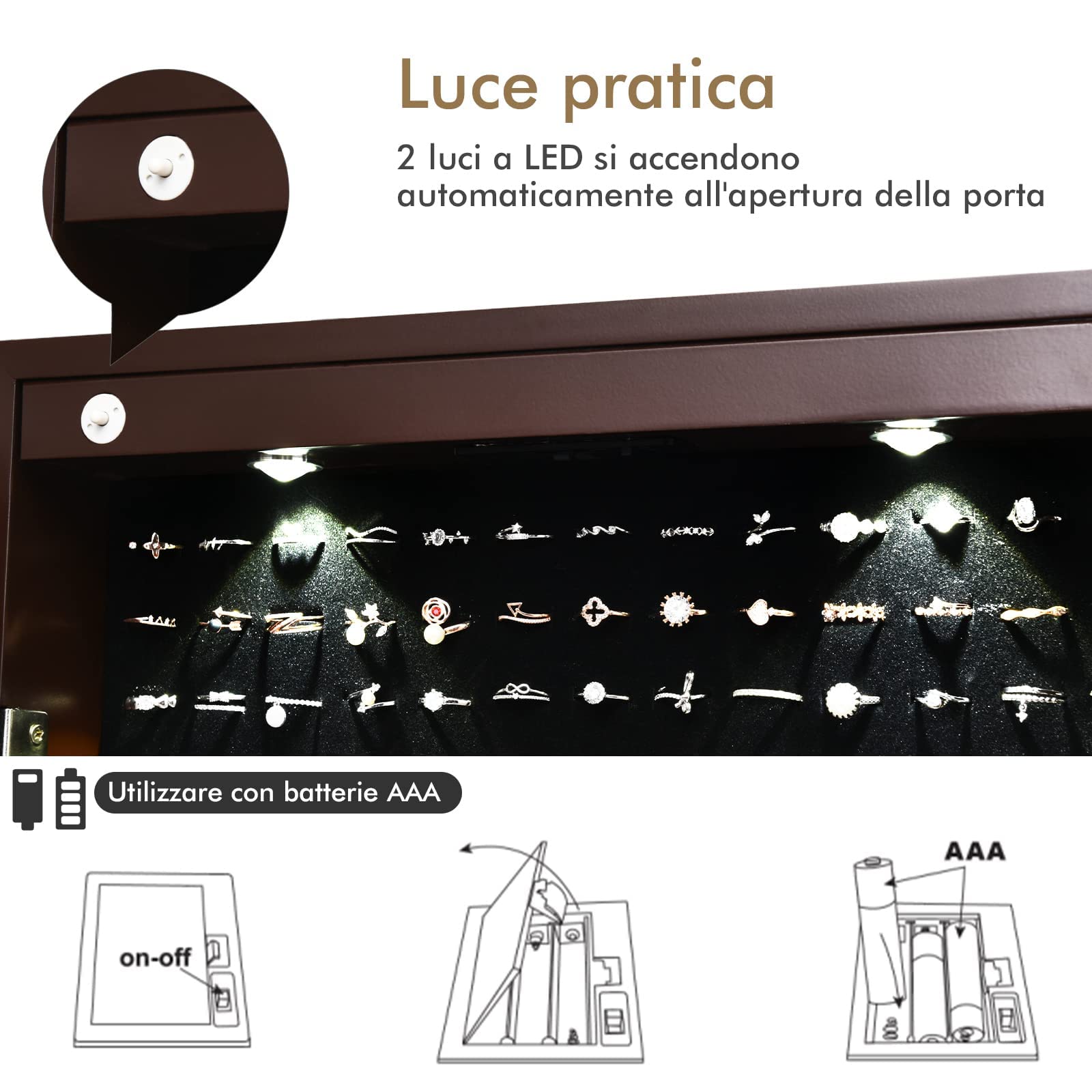 GYMAX Armadietto Portagioie con Specchio, Specchiera Portagioielli Sospesa, con 2 Luci a LED, Ampio Spazio di Archiviazione, di Legno, 123,5x37x9,5 cm (Marrone)