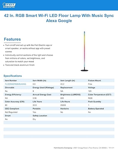 Miniatura 14 de Feit Electric Lámpara de pie inteligente de 42 pulgadas que cambia de color, RGBW, lámpara de pie LED WiFi, sincronización de música, funciona con