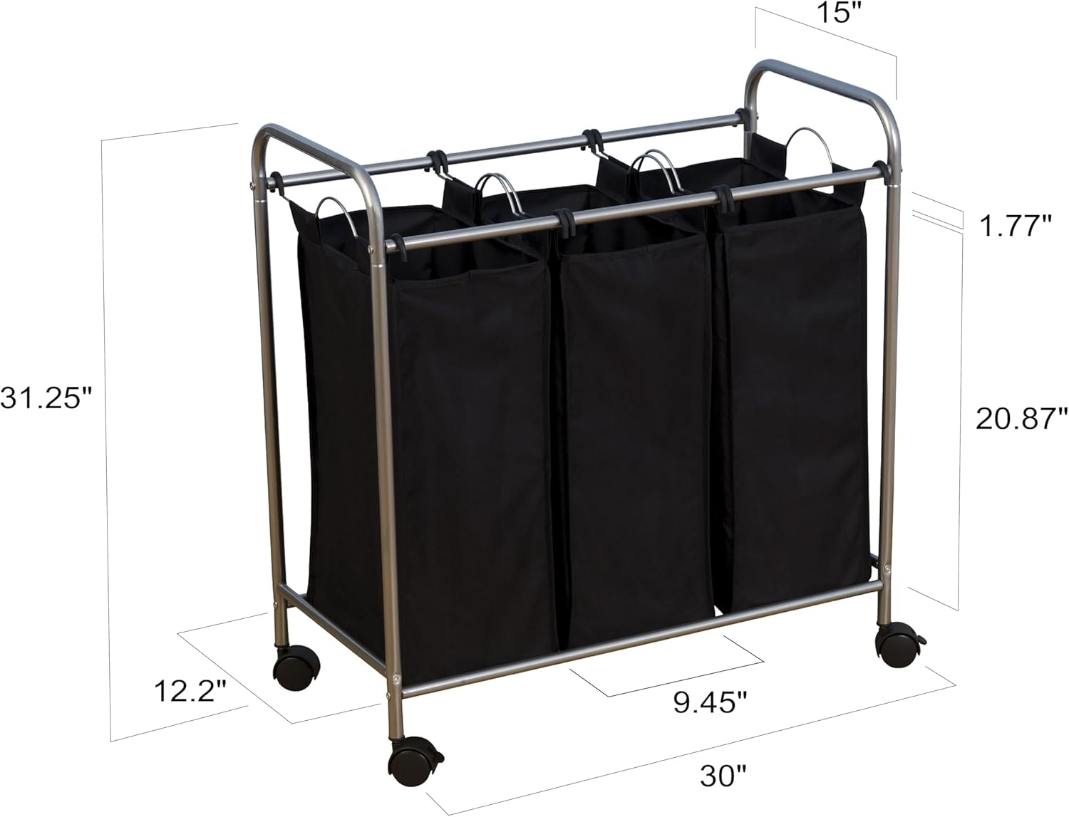 Household Essentials Rolling Triple Laundry Sorter, Silver