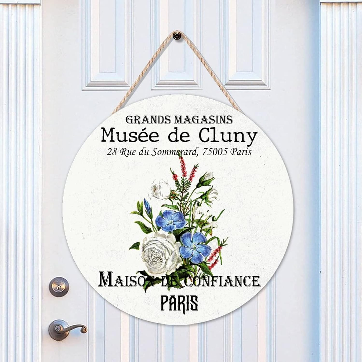 Vintage Flower Wood Door Sign, Floral Front Door Sign, 16x16in Custom Calligraphy Wall Hanging Sign Plaque Decor for Outdoor Front Porch Farmhouse Housewarming Gifts