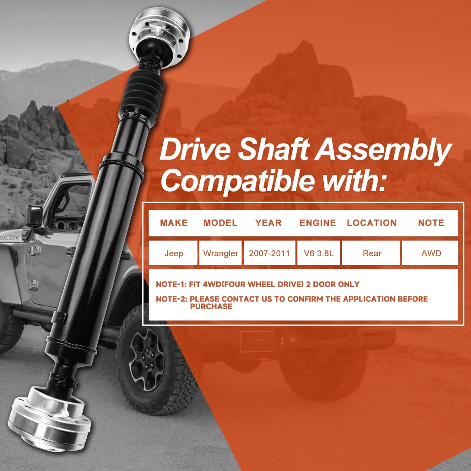 Rear Complete Drive Shaft Prop Shaft Driveshaft Assembly Compatible with Jeep Wrangler 2007 2008 2009 2010 2011 3.8L, [4WD, 2 Door, Automatic Transmission], Replace OE 68022107AA, 68022107AB