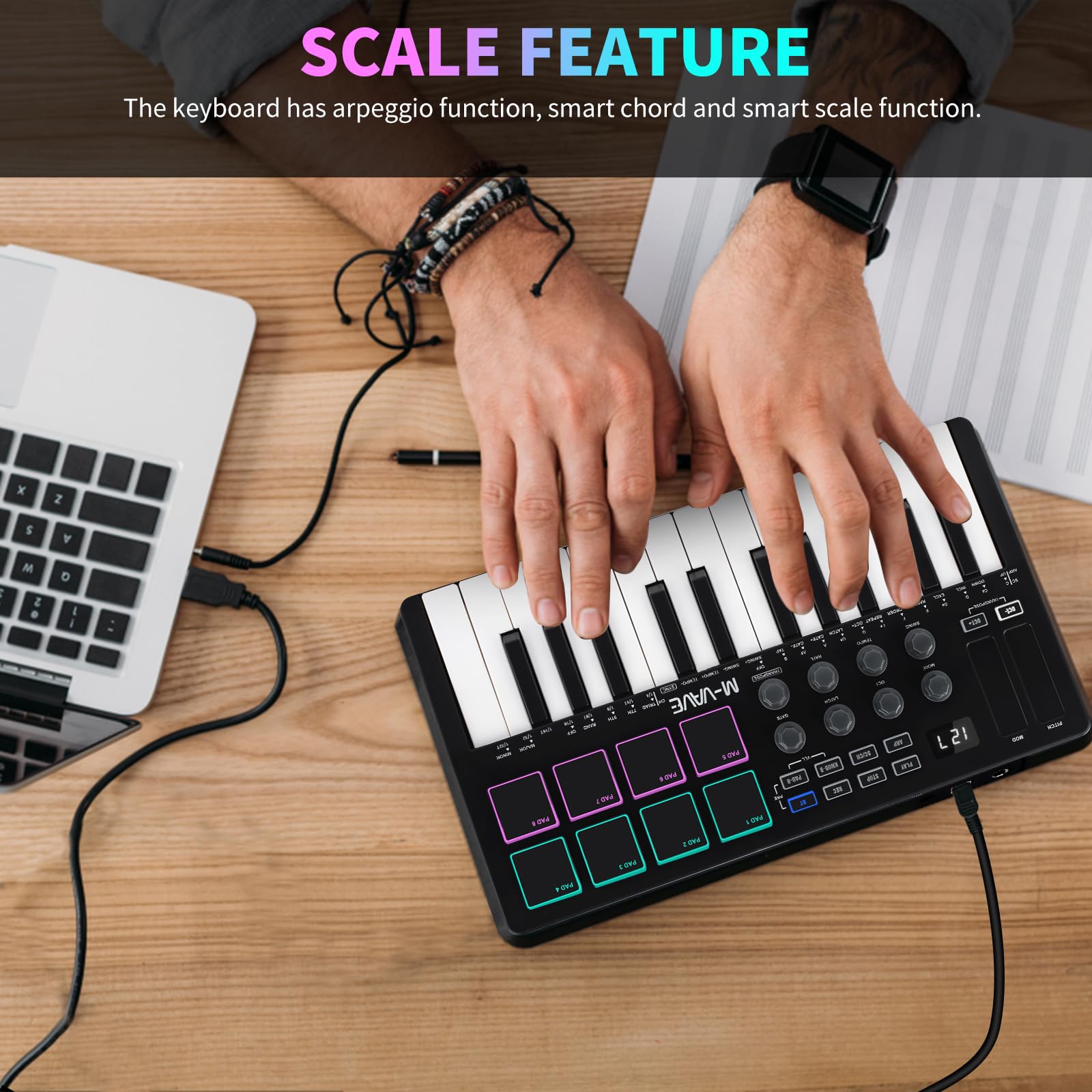 Nikou M-VAVE MIDI Teclado Controlador, USB Mini 25 Teclas, Profesional Dinámico Teclado Eléctrico Musical Arranger Teclado con Almohadillas RGB para Batería (Negro)