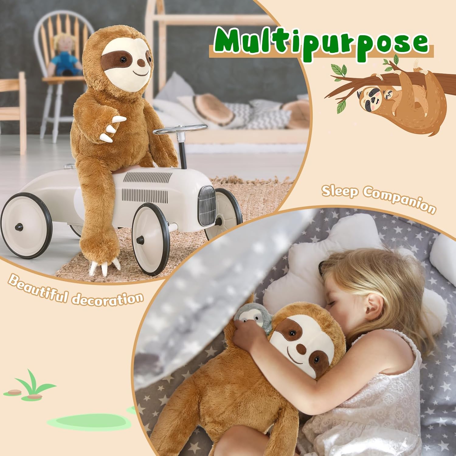 Tezituor 5Pcs Sloth Stuffed Animal Set, 22 inch Large Pregnant Stuffed Sloth Plushies with 4 Cute Babies Toy, Realistic Bradypod Plush Body Pillow Birthday Easter Gift Decor for Girl Boy