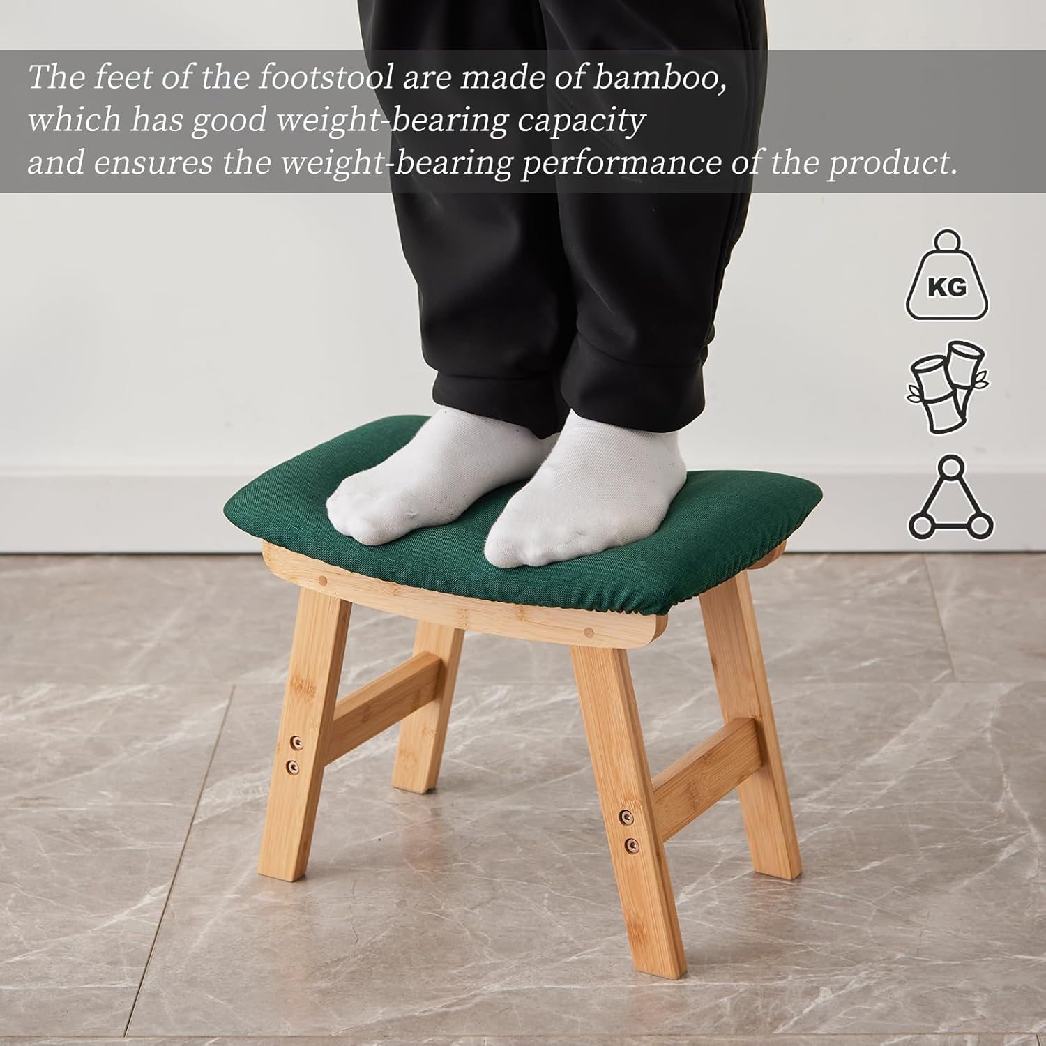 Kitsanery Foot Stool,Ottoman,Bamboo Small Sofa Foot Rest Under Desk,Extra Seating for Living Room, Bedroom and Kitchen (Natural Stool Legs - Green Surface)