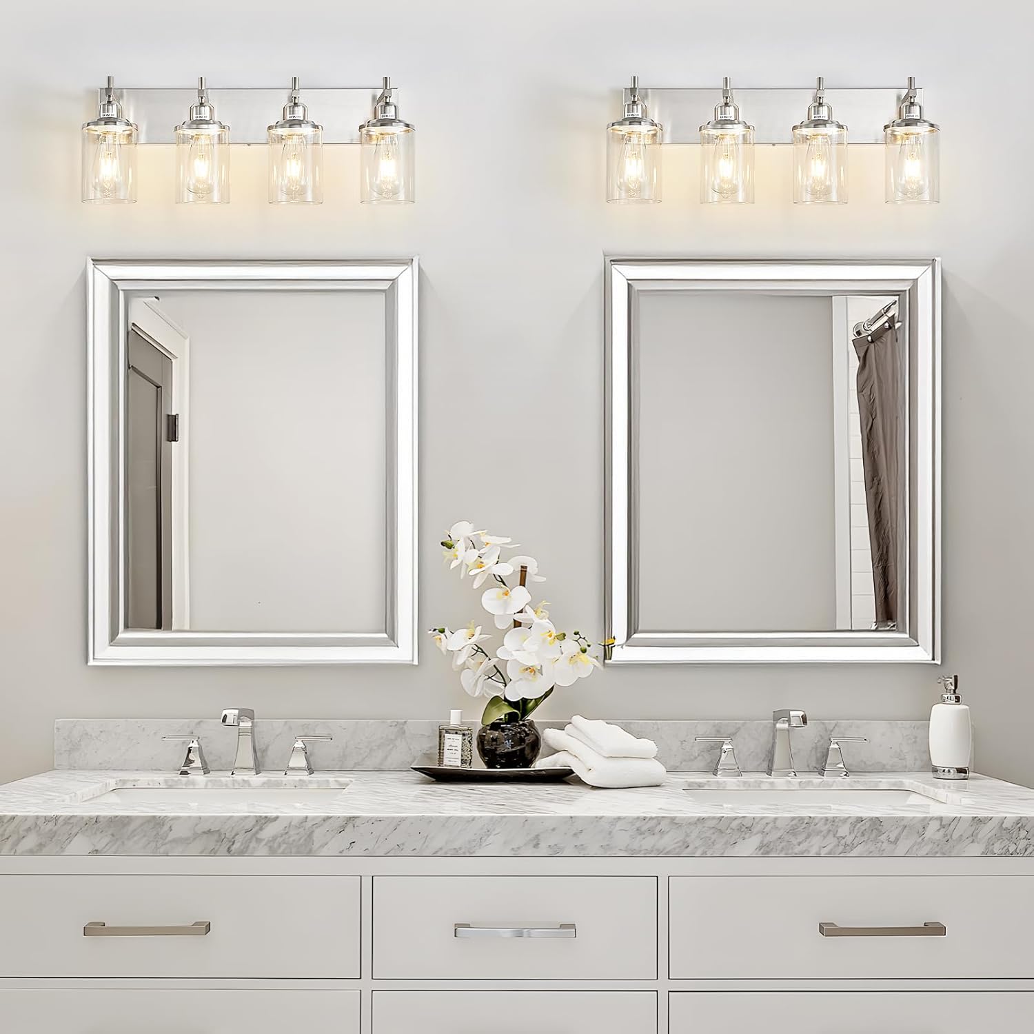 Lanhall 4-Light Brushed Nickel Bathroom Light Fixture Over Mirror Modern Bathroom Vanity Light Vintage Wall Lighting with Clear Glass Shade for Bathroom, Bedroom, Hallway, Cabinet