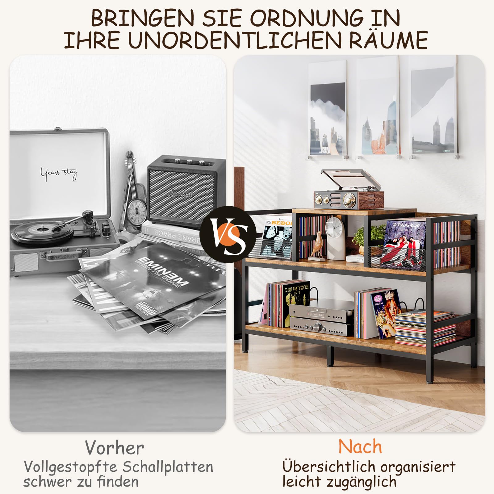 KZOBYD Supporto per giradischi, ripiano per dischi in vinile con ripiano, 3 livelli, supporto per piatti da tavolo con contenitore in vinile per fino a 350 album, supporto per giradischi per soggiorno