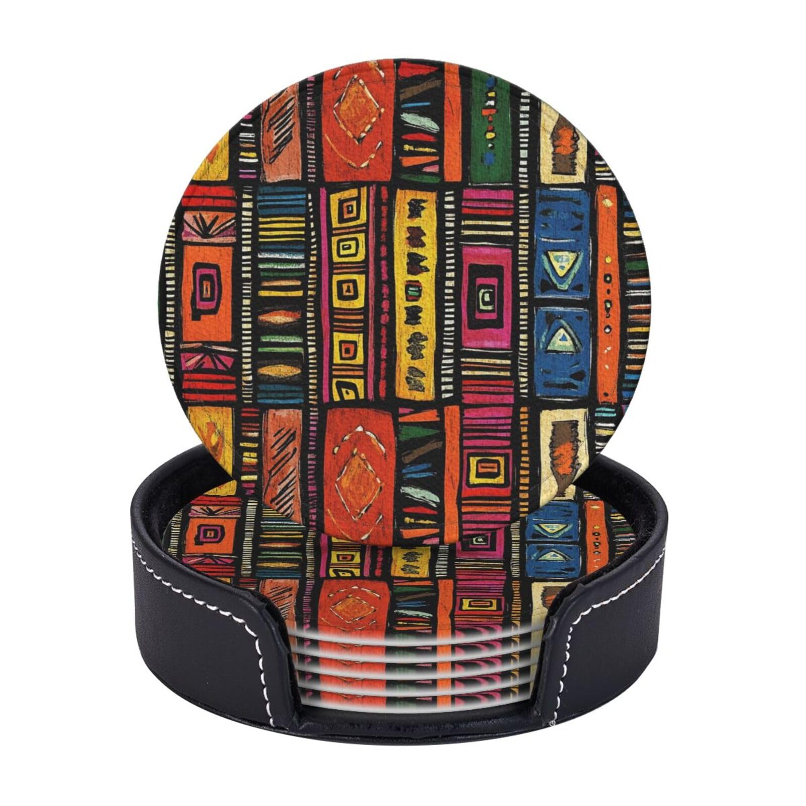 Drink Coasters Set of 6 Coffee Leather Coaster with Holder African Tribal Ethnic Texture Coasters for Drinks Coffee Cup Mat Heat Resistant Tabletop Protection Coaster Desk Accessorie Home Decorative