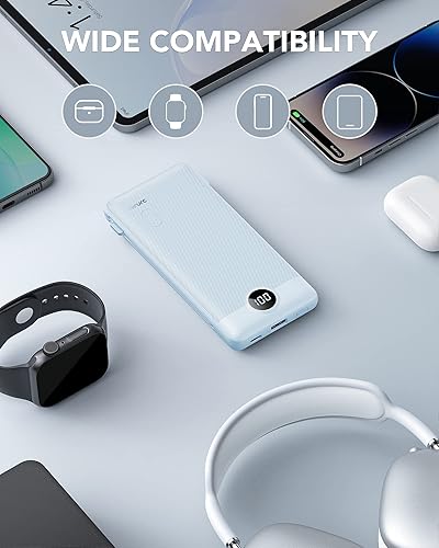 Miniatura 6 de VRURC - Cargador portátil con cables integrados y enchufe de pared AC, banco de energía USB C de 10000 mAh, cargador de teléfono compacto y ligero