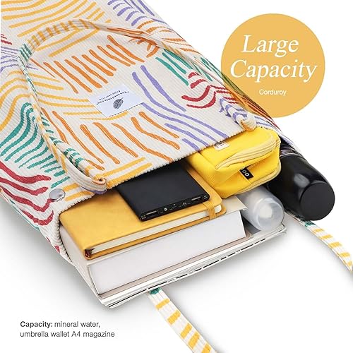 Vista 3 de Tote - Bolsa de hombro reutilizable de pana de gran capacidad con bolsillos interiores para mujeres y niñas Rayas