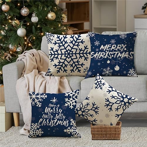 Miniatura 3 de KISVODS Juego de 4 fundas de almohada navideñas de 18 x 18 pulgadas, decoraciones navideñas, fundas de almohada navideñas de lino rústico para sofá,