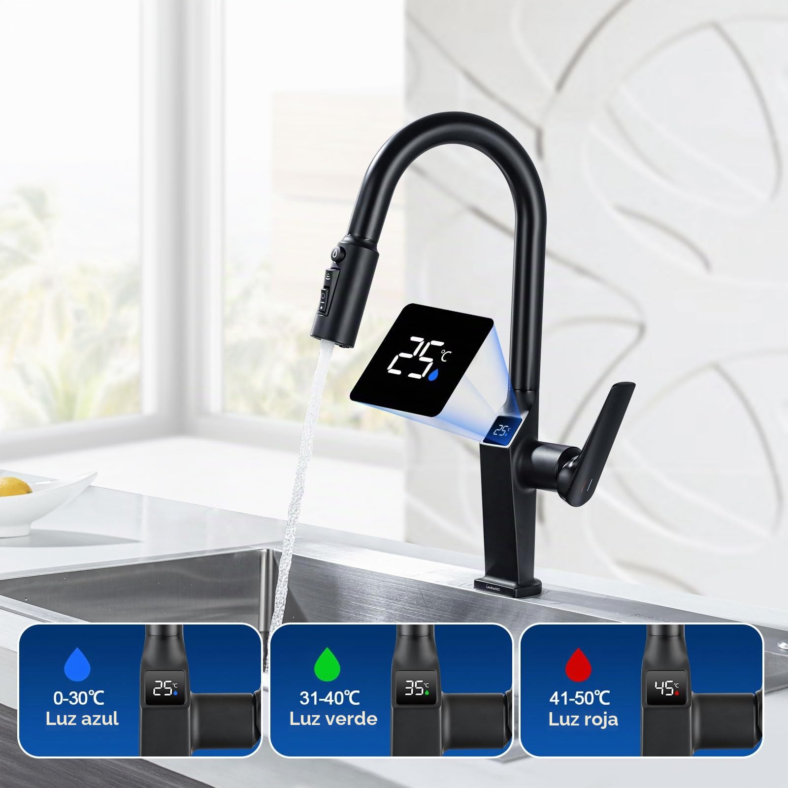 Grifo de Cocina 3 Vías Negro Extensible con Indicador Temperatura LED | Grifo Osmosis 3 vias LakeBayMZC, Grifo Monomando para Fregadero, Giratorio 360°, Acero Inoxidable 304 para Cocina, Baño Bar