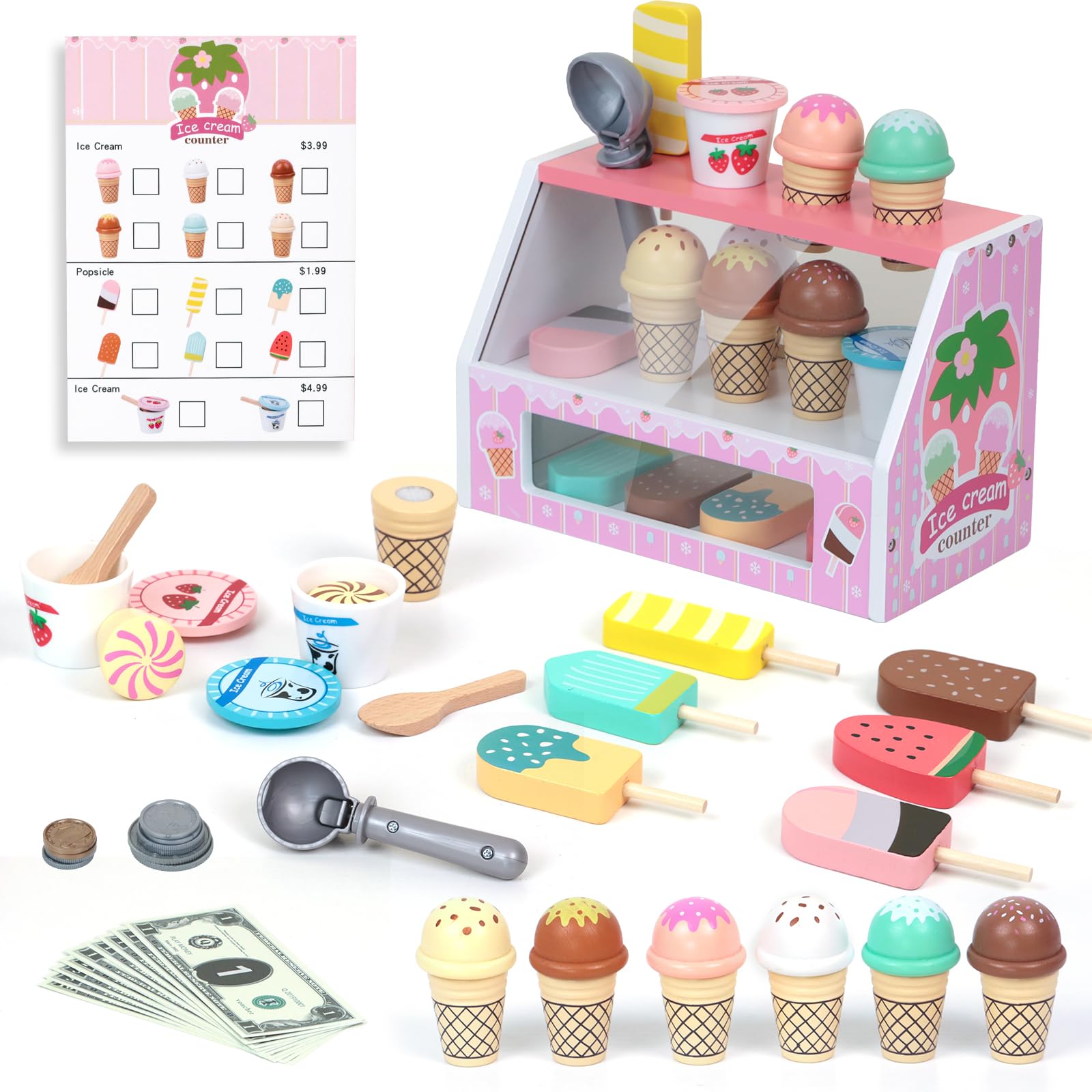 EVERGD Wooden Ice Cream Counter Shop Playset Toy for Kids, Play Food Dessert Toy Set for Pretend Role Play Kitchen Toy, Safe Natural Wooden Toy Gift for 3 Years Old Boy or Girl (Pink)
