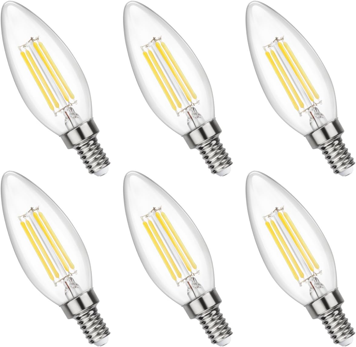 Filament Candle LED Bulbs, 40W Equivalent, 4W 4000K Daylight (Neutral White) Chandelier, 470LM, E12 Base Lamp, C32 Torpedo Shape Bullet Top Candelabra Light Bulb, ETL Listed, 6 pack
