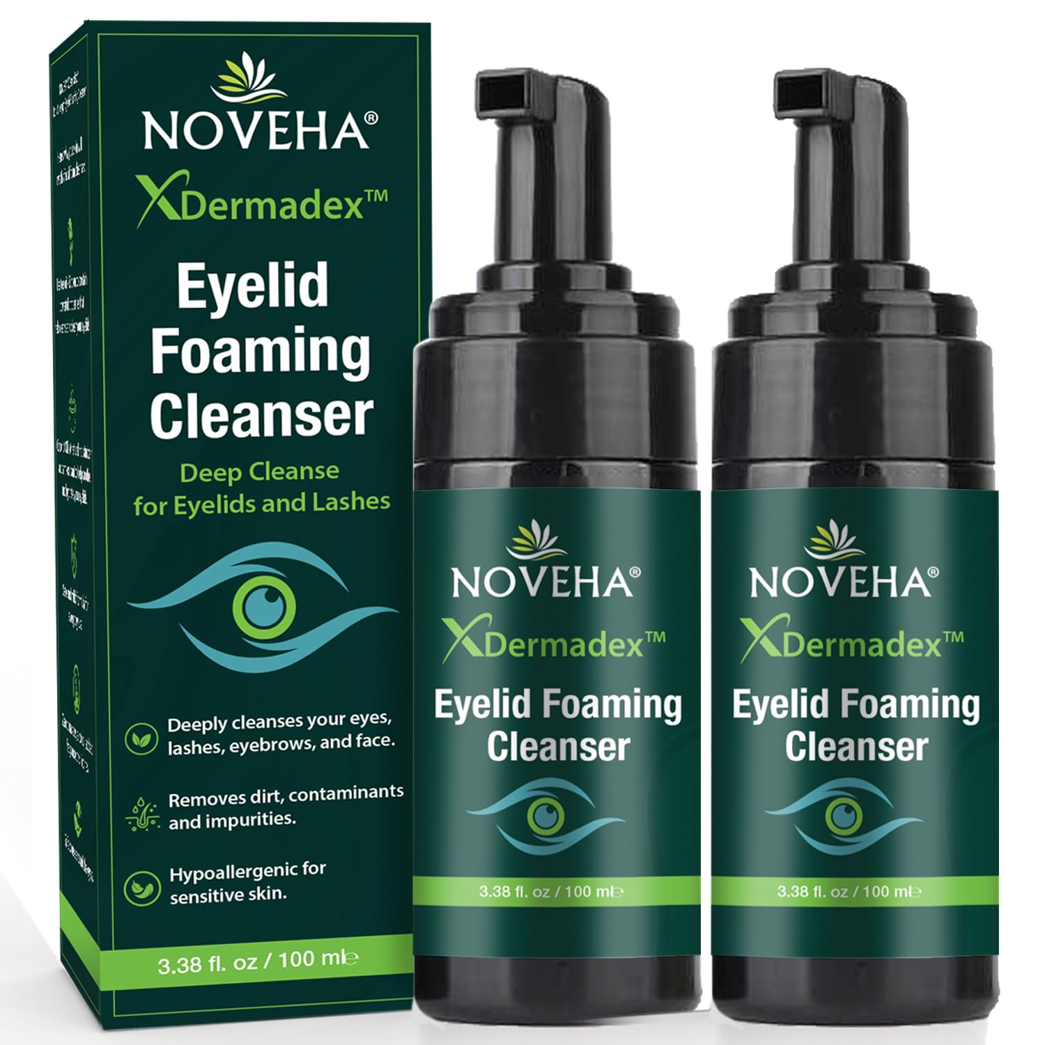 NOVEHA Demodex, schiuma detergente per palpebre, formula extra forte, olio dell'albero del tè, lavaggio quotidiano per ciglia, demodex, MGD, occhi di porcile, irritazioni degli occhi e secchezza della
