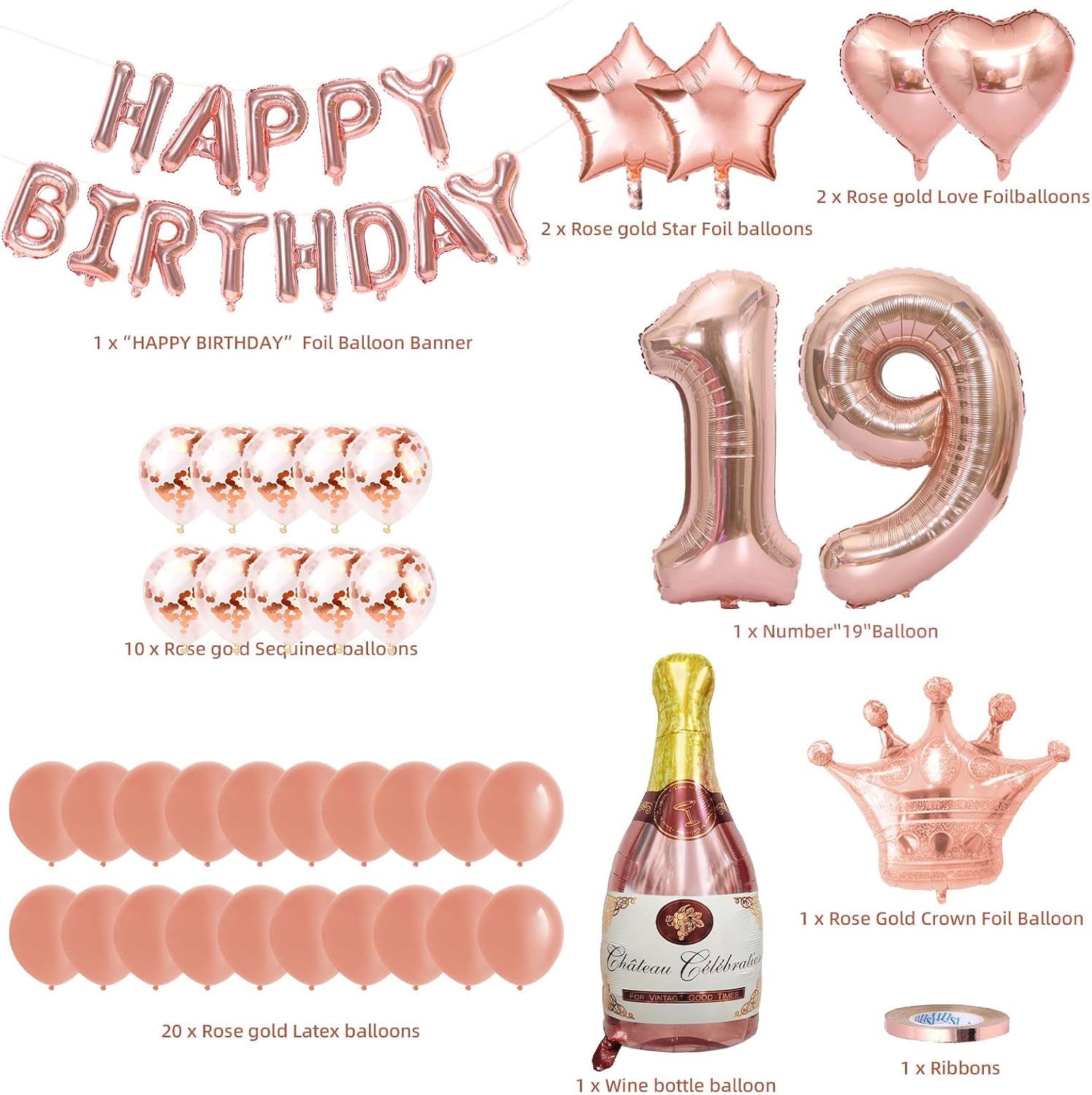 19th Rose Gold Birthday Decoration, Happy Birthday Banner, Latex and
