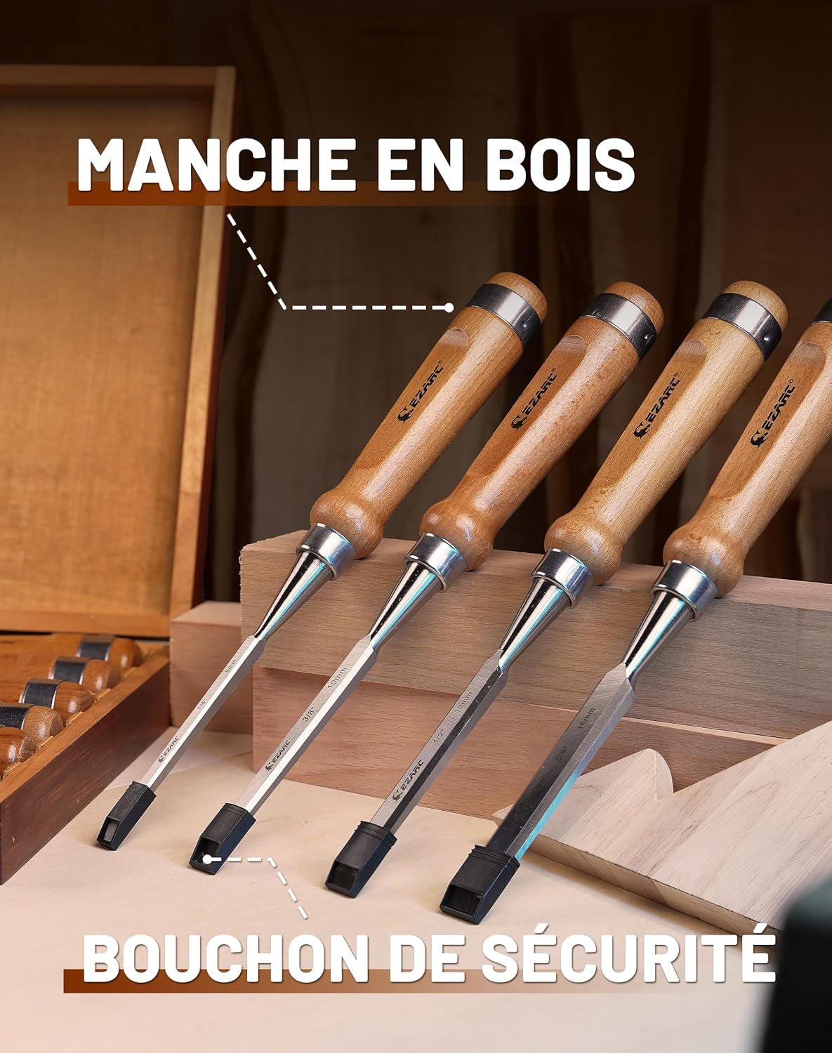 EZARC Ciseaux à bois Professionnels avec boîte de Rangement en bois (Jeu de 6 pièces)