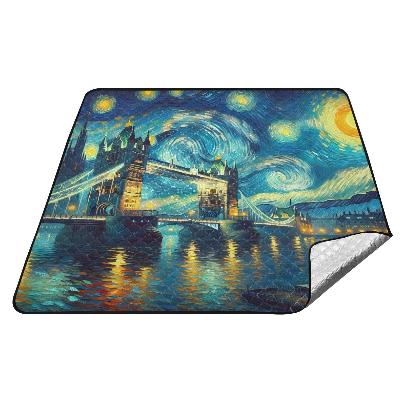 London Bridge Starry Night Blue Outdoor Blanket, Picnic Rug, Big Picnic Blanket