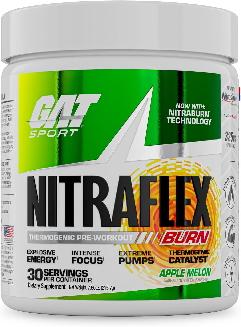 GAT SPORT NITRAFLEX Burn, Pre Workout Thermogenic Powder, Apple Melon, 30 Servings