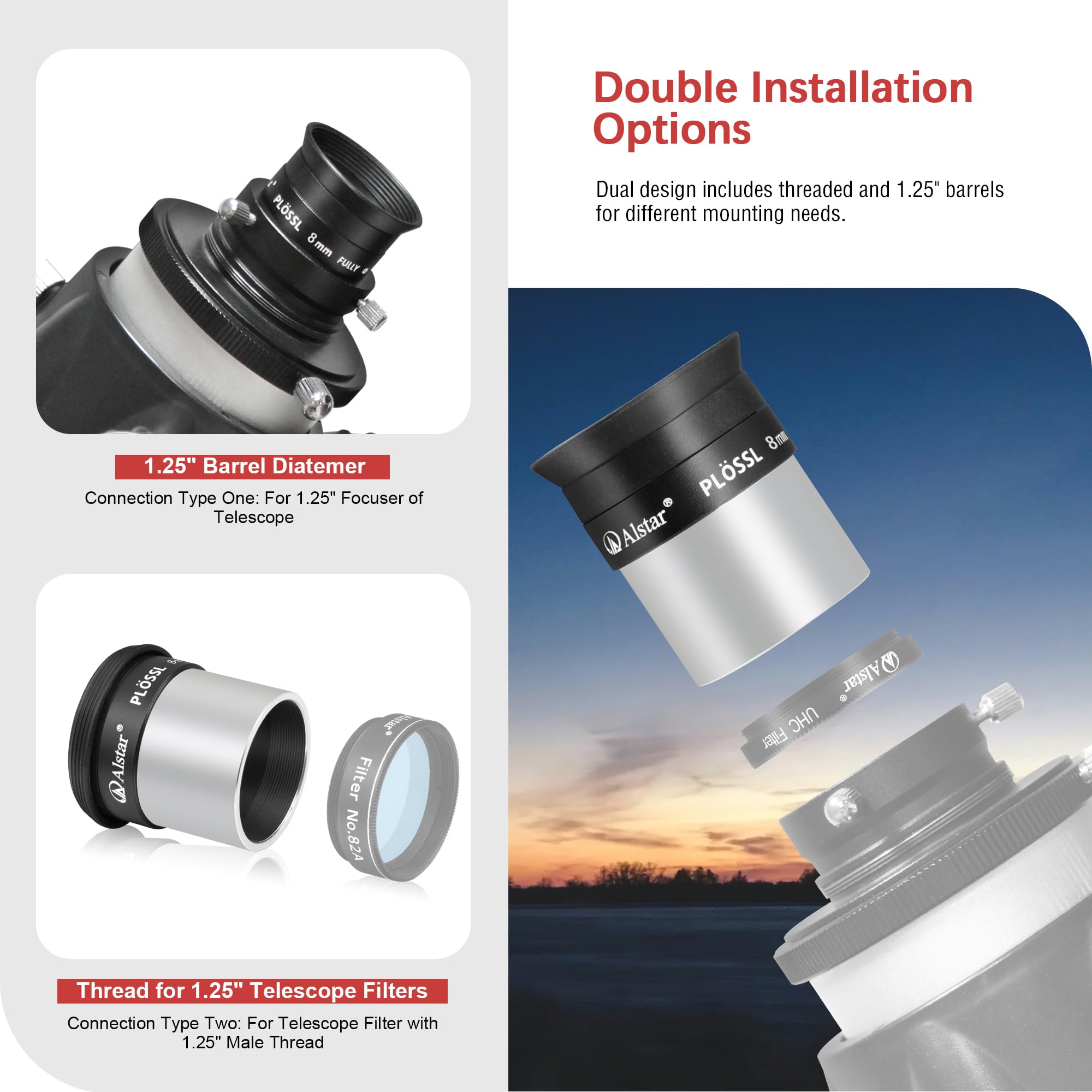 Alstar 1.25インチ Plossl 望遠鏡接眼レンズセット - 8mm 15mm 40mm 
